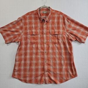 Duluth Trading Co Mens Short Sleeve Button Up Shirt Orange Plaid 2XL Nylon Blend